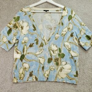 Talbots Floral Short Sleeve Button Front Cardigan Sweater Women L Blue Green